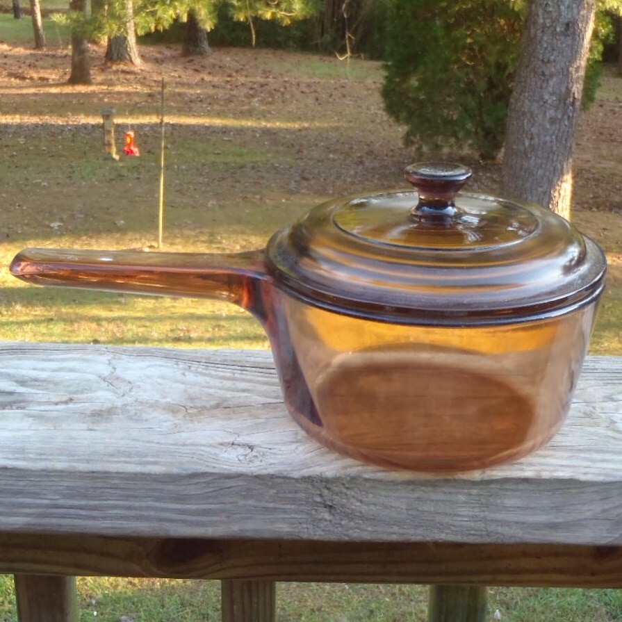Vintage Pyrex VISIONS Amber Glass 1 L Sauce Pan & Lid Made In France VGUC