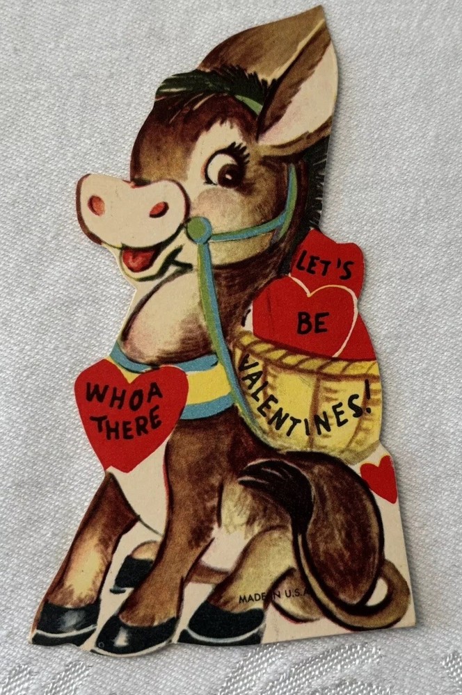 Vintage USA-Made Signed Donkey Valentine Card 4” x 2.25” Unknown Artist