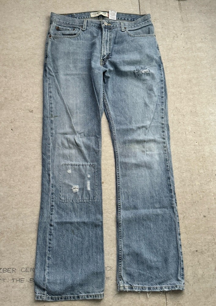Levis 527 Jeans Mens 34x34 Blue Denim Boot Cut Distressed Patches Black Bat Wing