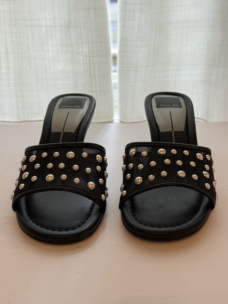 Dolce Vita Black Meeza Pearl Onyx Mesh Kitten Heel Slide Sandals Size 7.5 New