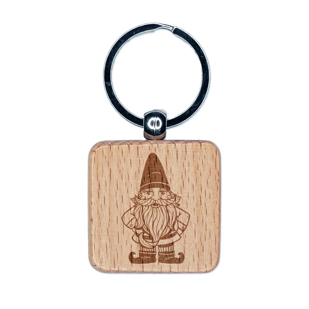 Garden Gnome Engraved Wood Square Keychain Tag Charm
