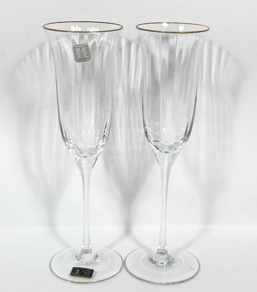 Spiegelau Champs Elysee Gold Rim Champagne Flutes Set of 2 9 1/8 Optic Glass RARE