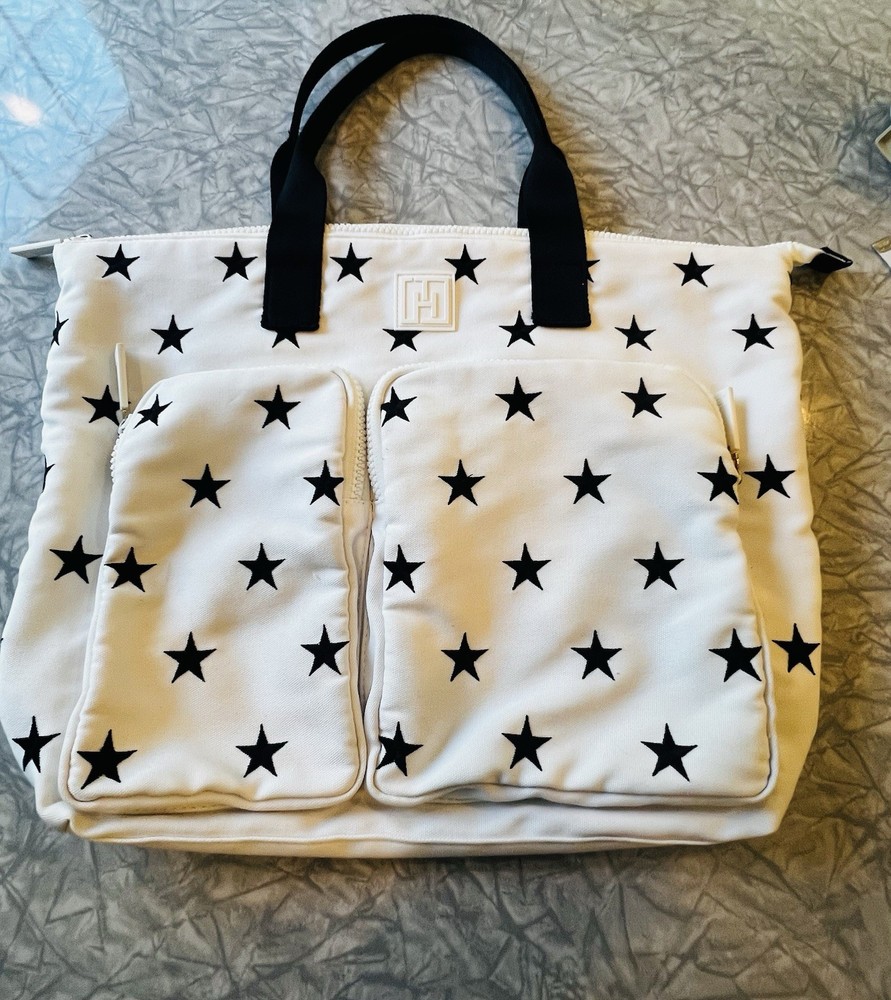 Tommy Hilfiger Large Capacity White Bag Black Stars Pouches & Working Zippers