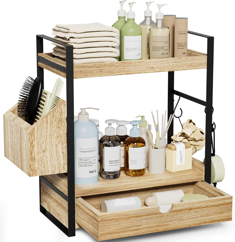 2-Tier Bathroom Counter Organizer with Drawer and Basket, Wood Countertop Organi