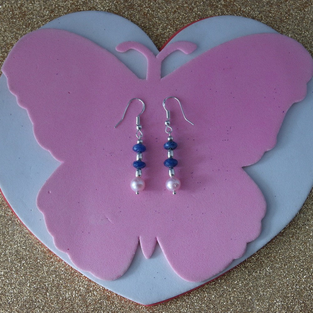 Beautiful Earrings With Lapis And Pink Pearls 2.3 Gr.3 Cm.Long + Silver Hooks