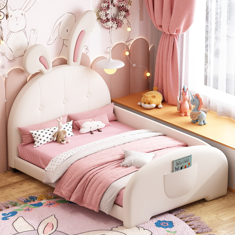 Twin White Upholstered Rabbit-Shaped Princess Platform Bed with Footboard