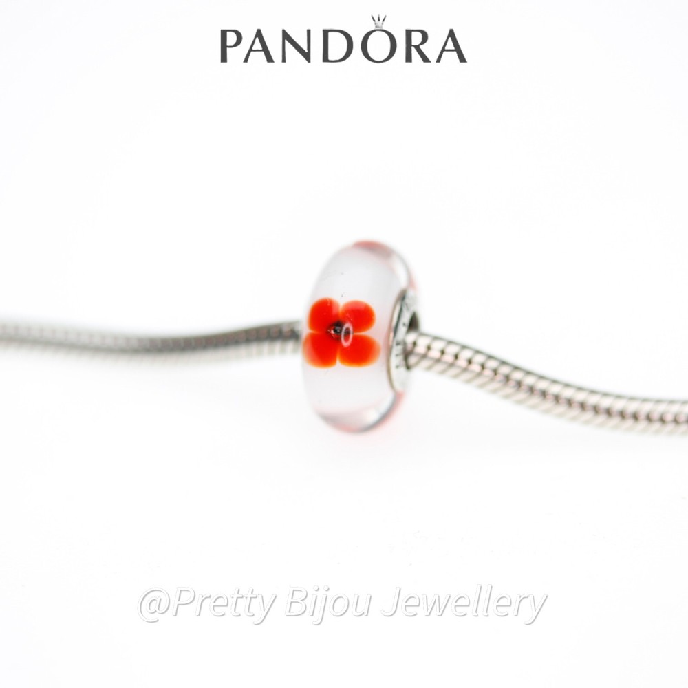 Pandora 925 Silver Red White Wildflower Murano Glass Charm 791636