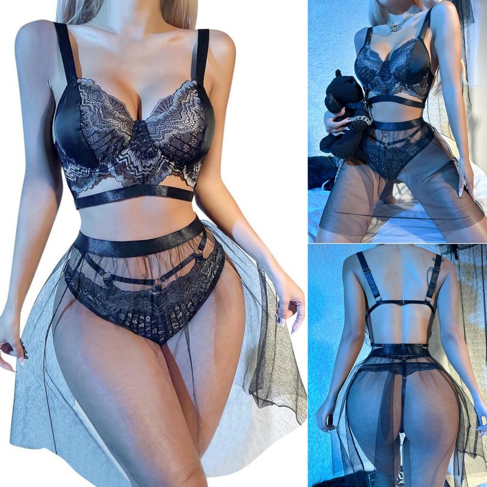 Lace Bra Thong Lingerie Set with Mesh Mini Skirt and Babydoll Bodysuit for Women