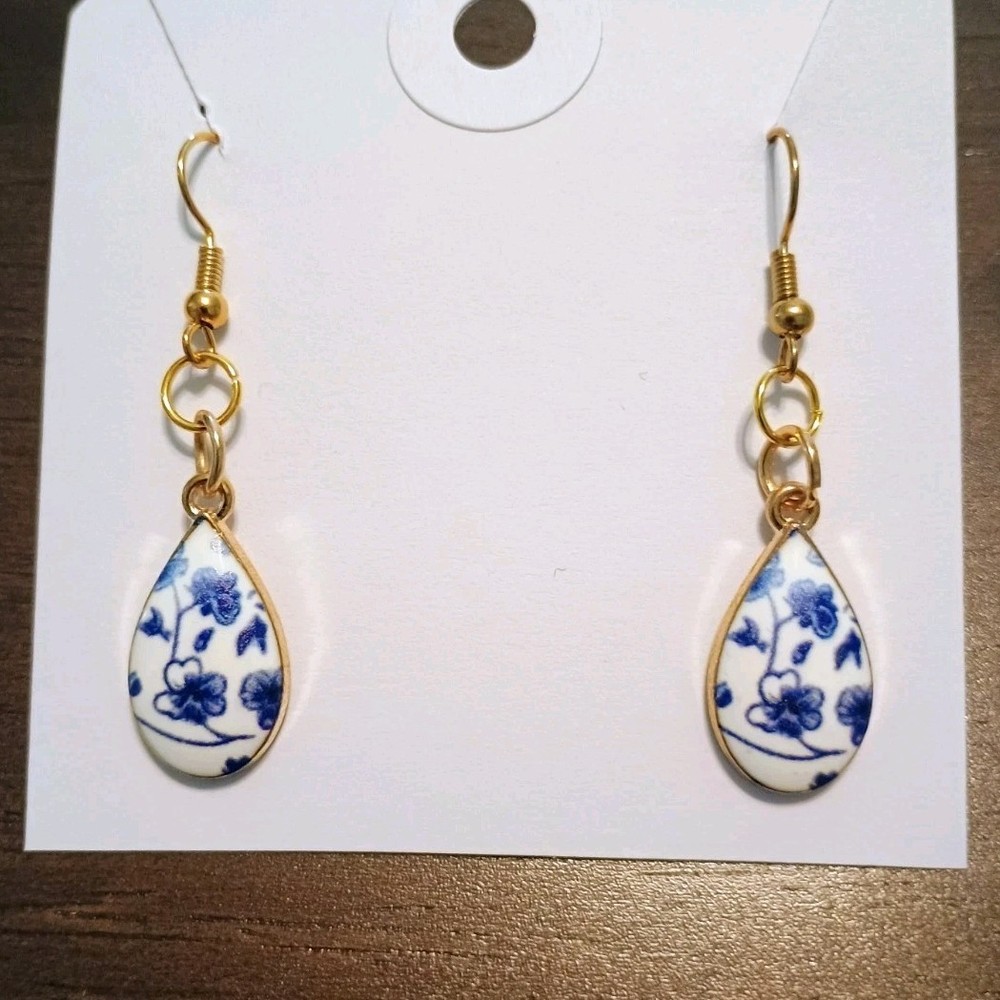 Handcrafted Ceramic Blue White Teardrop Dangle Earrings Gold Hooks