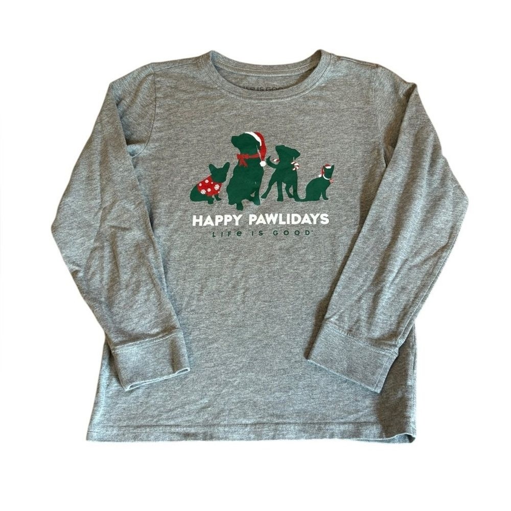 Life Is Good Long Sleeve Crusher Tee Happy Pawlidays Gray Kids Youth Size Large