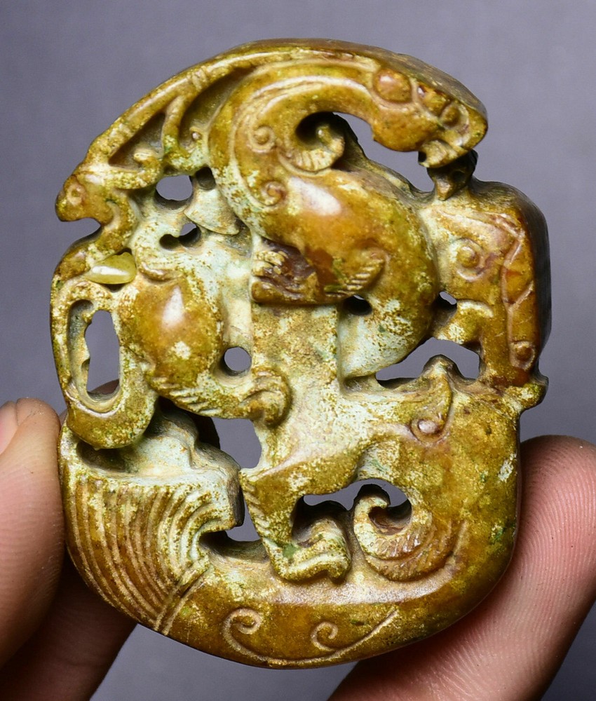 5.5CM Old China Hongshan Culture Old Jade Carving Palace Dragon Phoenix Pendant