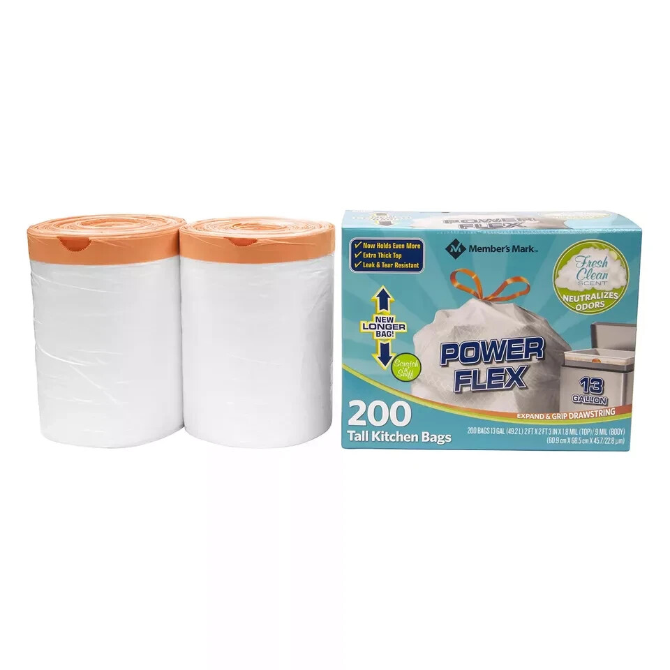 Member's Mark Power Flex Tall Kitchen Drawstring Trash Bags (13 Gallon, 2 Rolls
