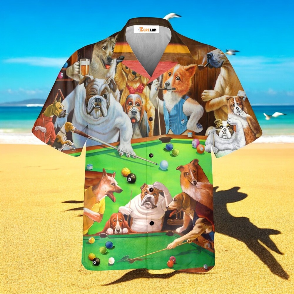 Billiard Dogs Playing Pool Hawaiian Shirt For Men US Size Summer Style NEW