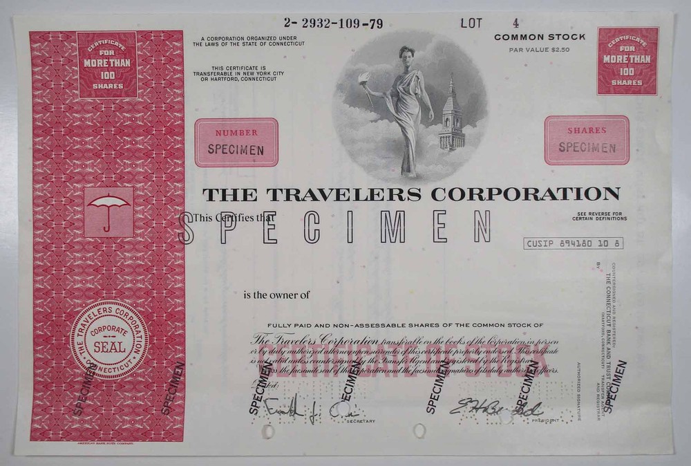 CT. Travelers Corp., 1979 100 Shares Specimen Stock Certificate, VF ABNC