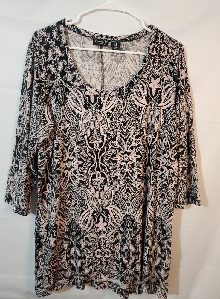 Jones New York Blouse Women's Size 1X Black White Pink Paisley Floral Stretchy