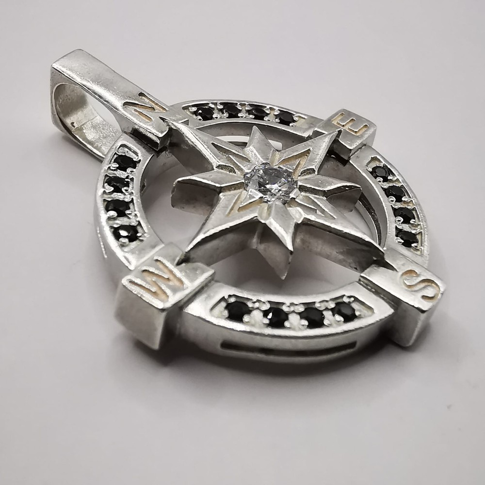 Vintage Pendant Wind Compass Rose 925 Sterling Silver Created Zircon Spinel Ston