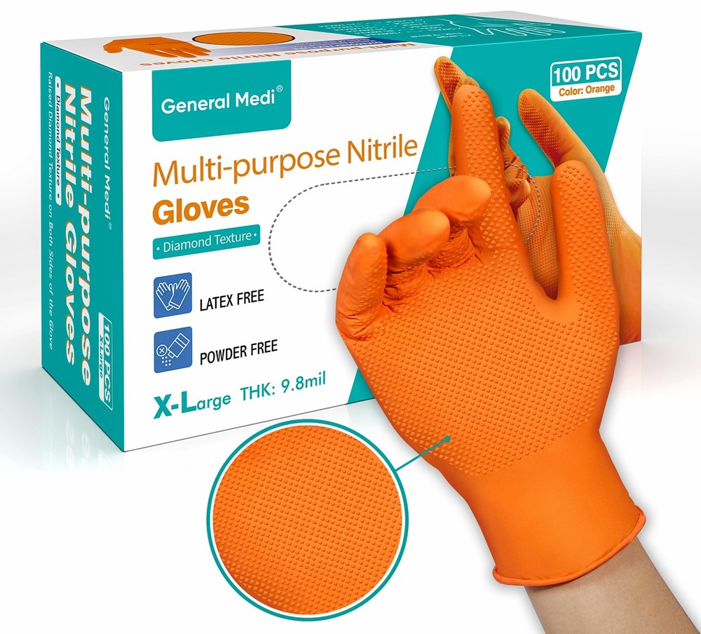 Nitrile Industrial Orange Gloves with Raised Diamond Texture, 100 Count (XL)
