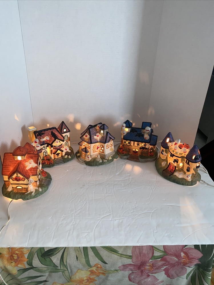 5Vintage Halloween Spooky House Ceramic Light Up Ghost JOL Skull Crow Scary Tree