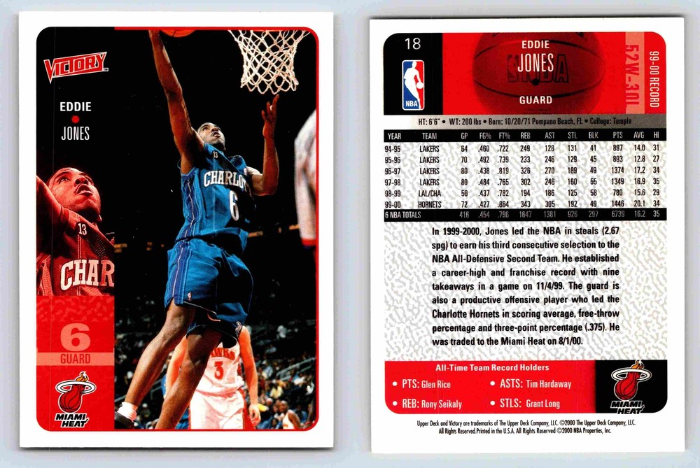 Eddie Jones Guard Miami Heat Victory 1999 2000 Card 18 Basketball Memorabilia