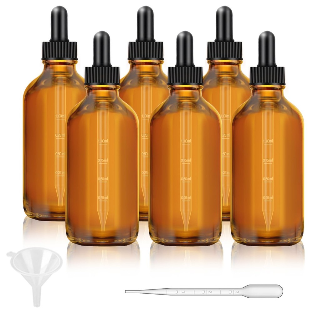 6 Pack, 4 Oz Dark Amber Dropper Bottles with Measured Dropper, Glass Eye Dropper