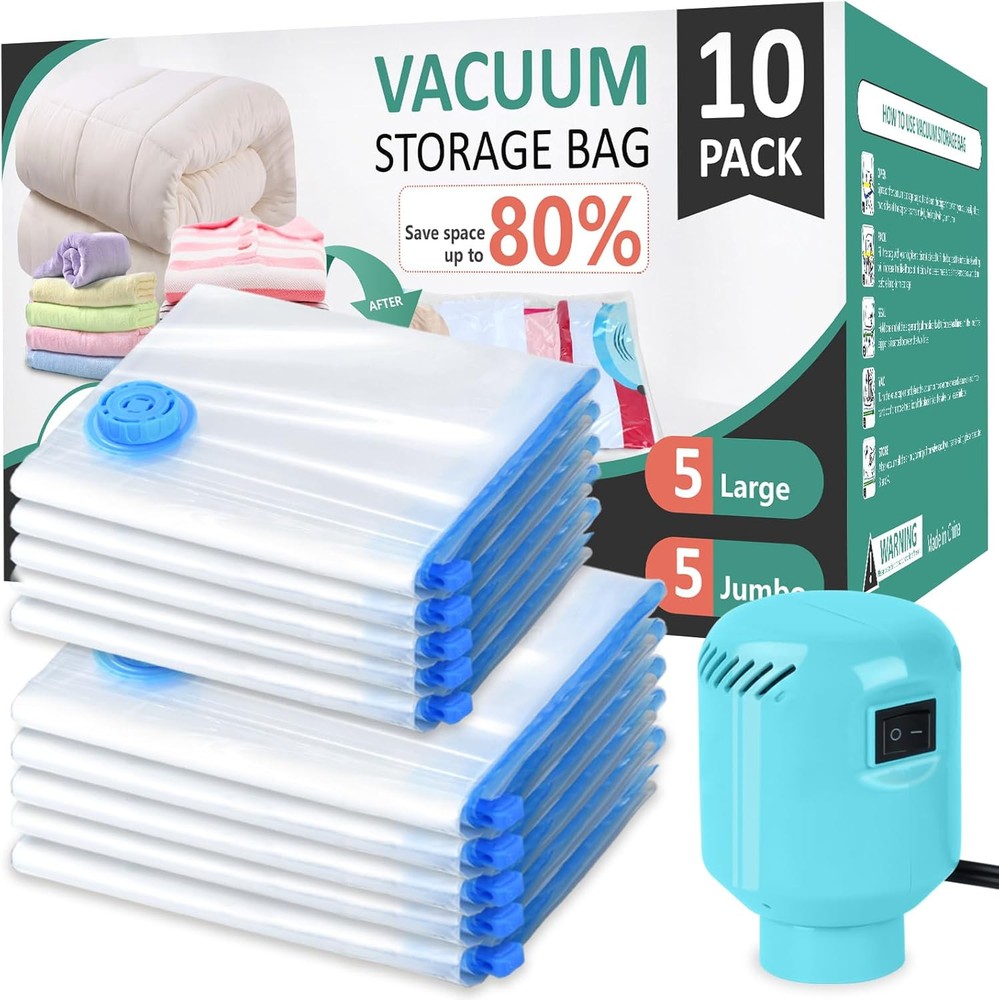Morecoo Vacuum Storage Bags with Electric Pump & 5 x Large, 5 x Jumbo, Blue
