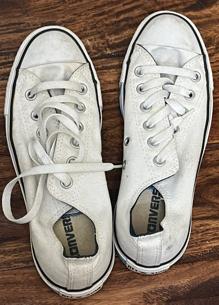 Vintage White Converse All Star Womens Size 7 Blue Double Tongue Canvas Low Top Sneakers