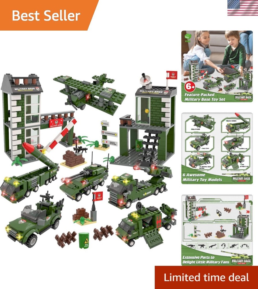 City War Military Base Building Set with Army Car, Tank, Airplane, Helicopter...