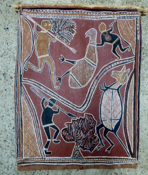 AUSTRALIAN ABORIGINAL OCHRE PAINTING ON BARK HUNTING KANGAROO EMU BOOMERANG SPEA