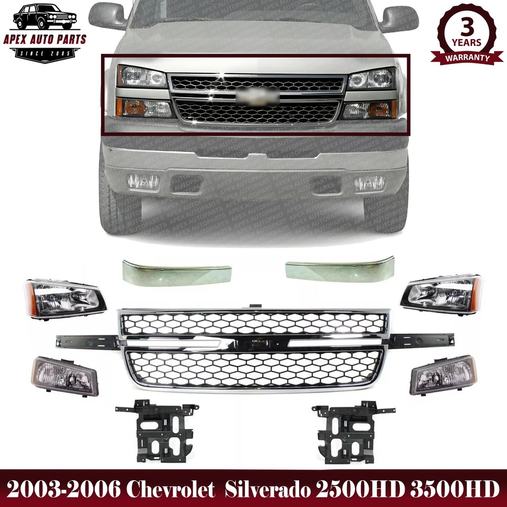 Front Grille + Fillers + Lights & Brackets For 2003-2006 Silverado 2500HD 3500HD