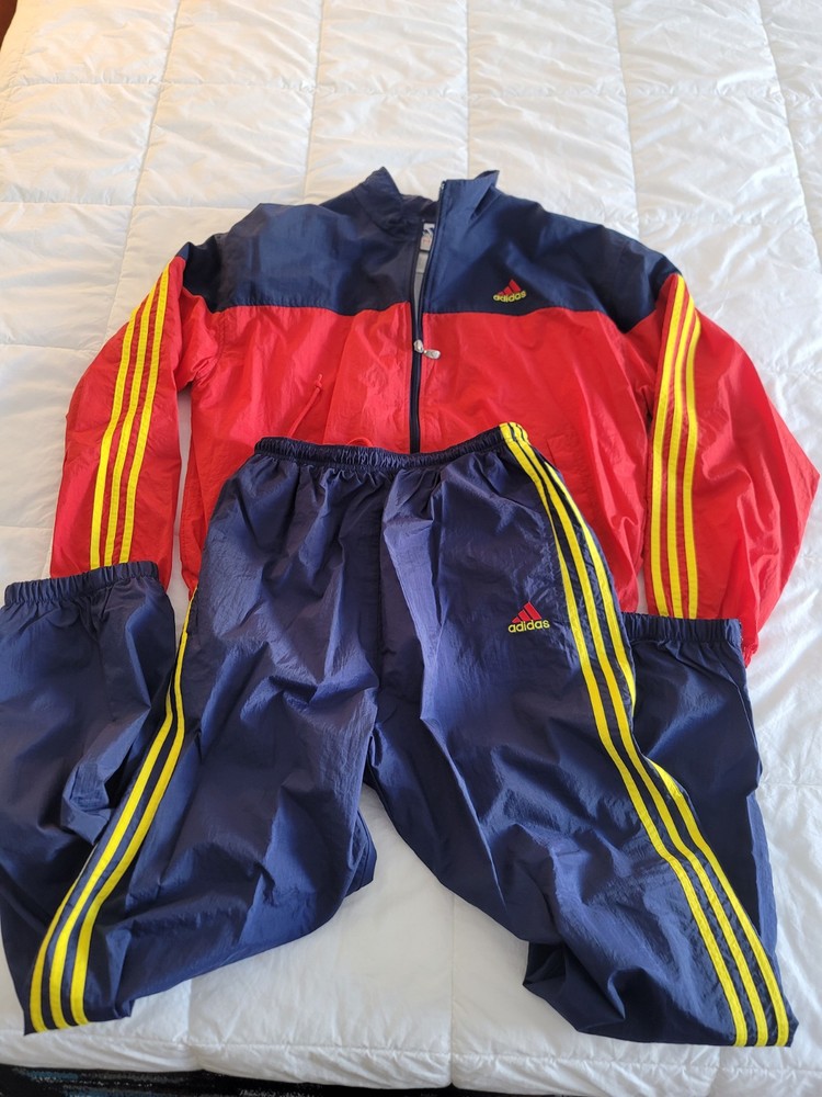 VTG Adidas Track Suit Jacket Pants Lined Nylon Windbreaker Red Navy Y2K Lrg Tall