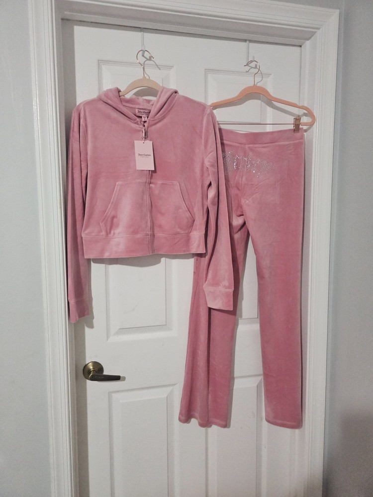 $199 NWT Size L JUICY COUTURE BLING Velour TRACKSUIT -Rose  Pants Hoodie
