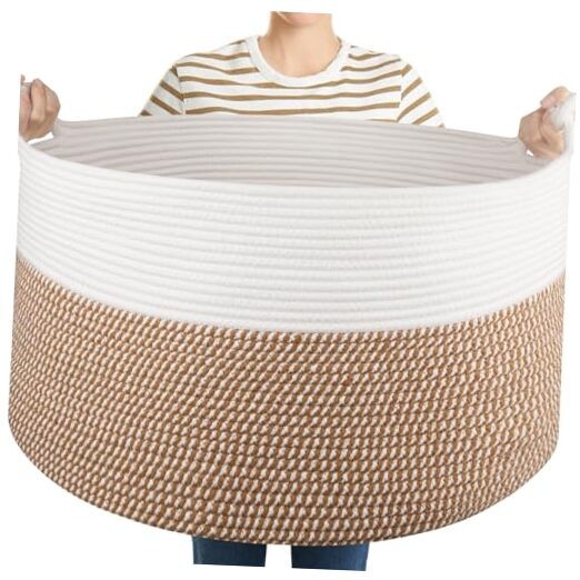 Oversized 23x23x13 Woven Cotton Storage Basket for Blankets & Living Room