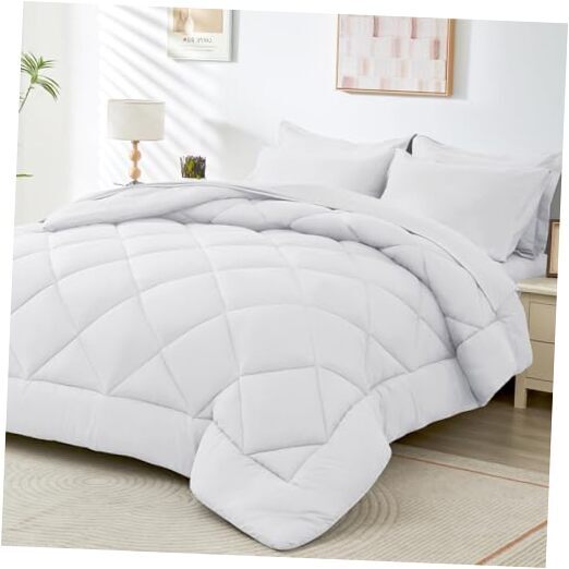 7 Pieces Comforter Set, All Season Reversible Bed in a Bag Ultra Queen White