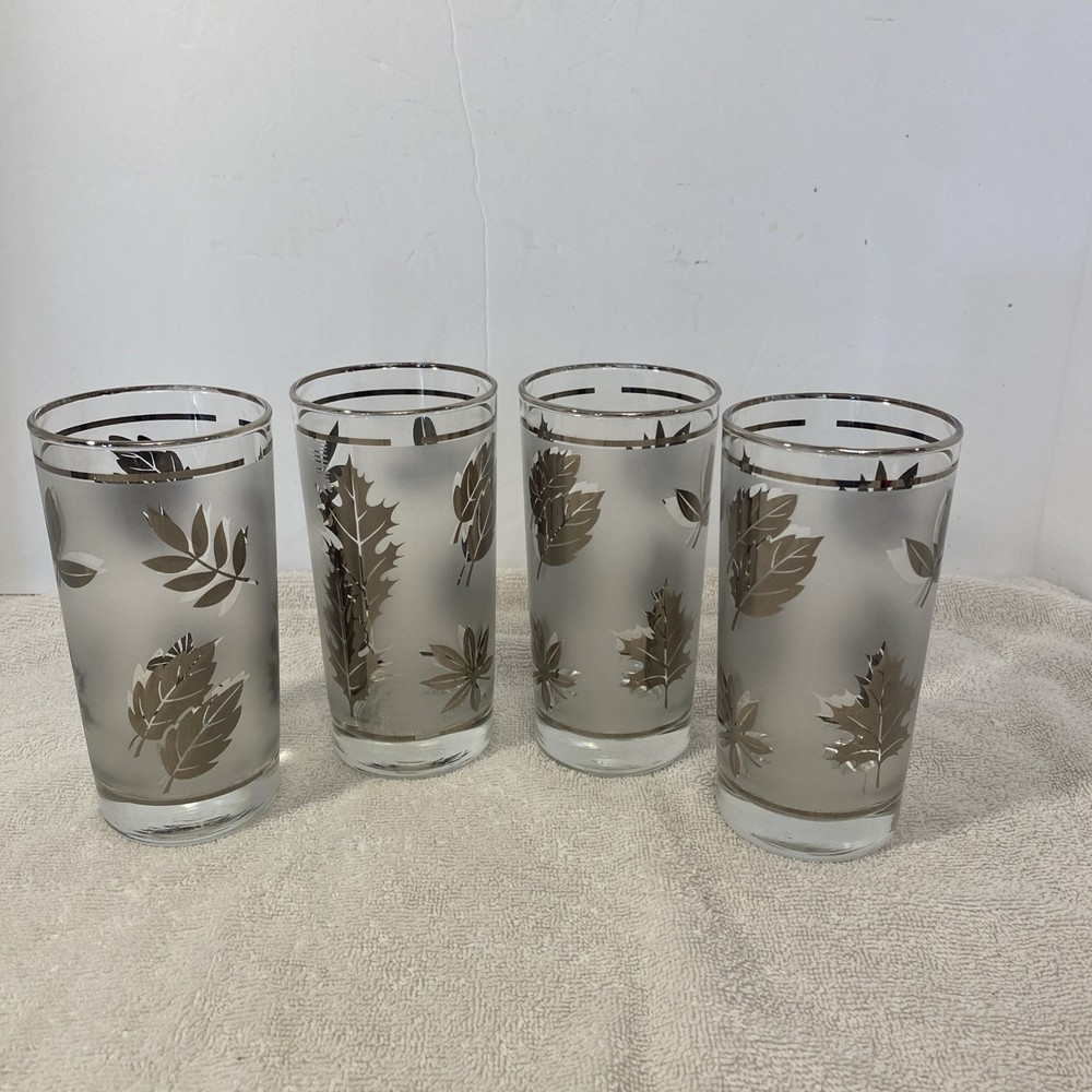 Set of 4 Vintage Libbey Silver Frosted Leaf Pattern 5.5 Inch Drinking Glasses