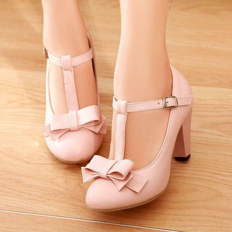 Women Lolita T-Strap Pumps with Bowknot Buckle Casual High Heels