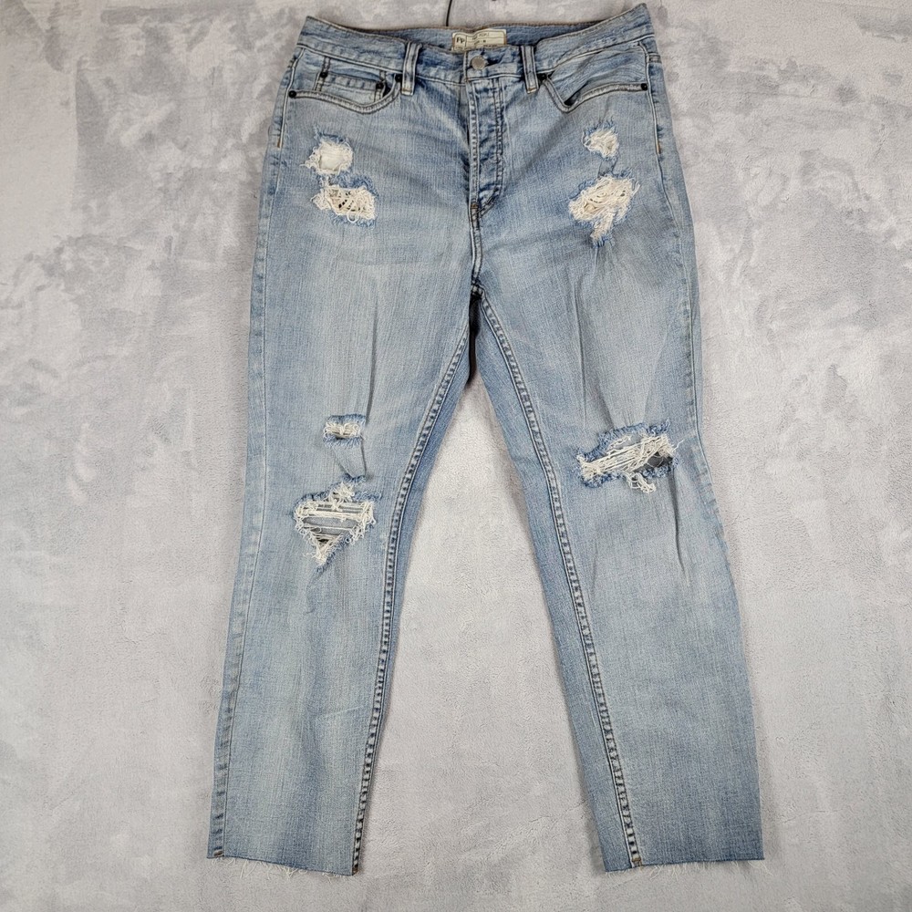 Free People Boyfriend Button Fly Jeans Womens 30 We the Free Destroyed Crochet