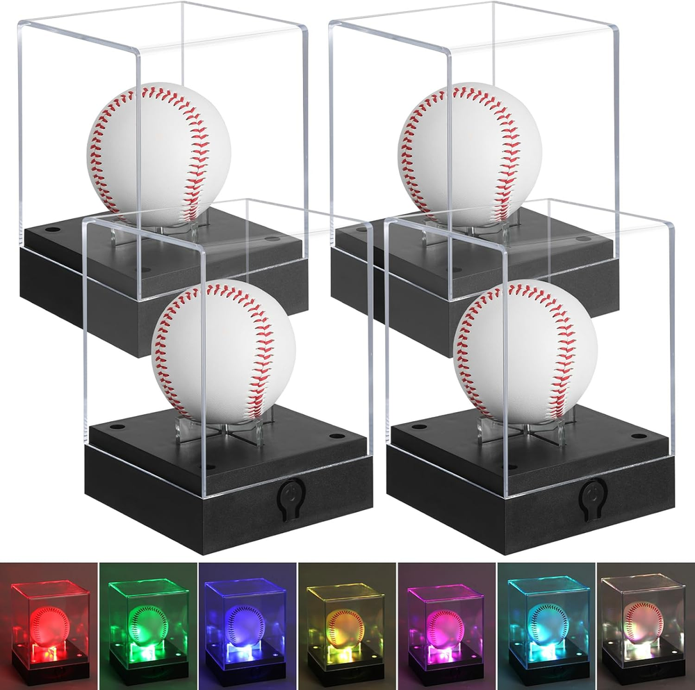 4 Pack Baseball Display Case with LED Light - UV Protected Acrylic Ball Holder f