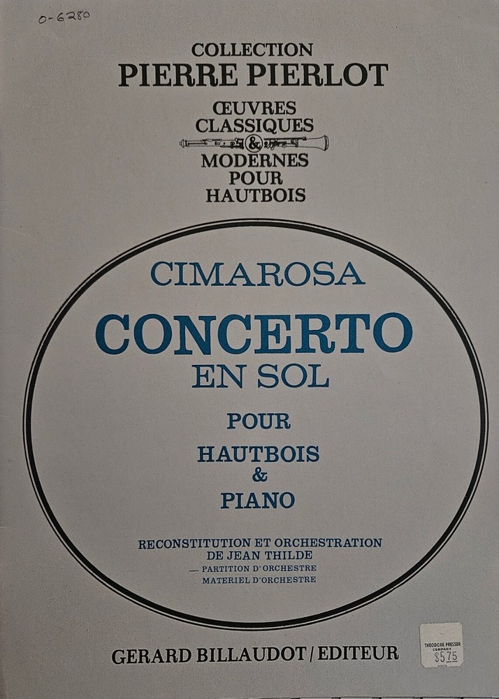 Domenico Cimarosa Concerto for Oboe & Piano in G Pierre Pierlot Collection Score