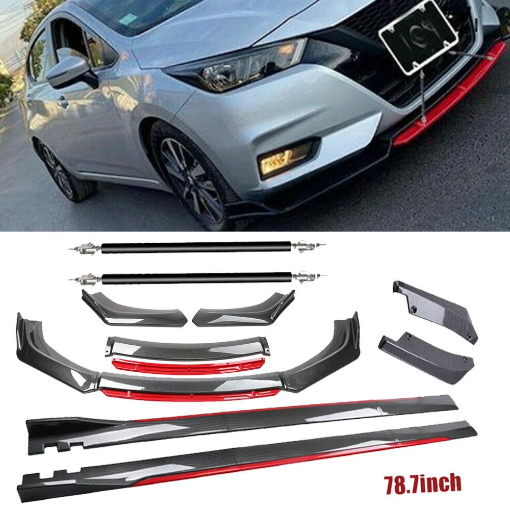 For Nissan Versa Carbon Fiber Look Red Front Lip Chin Bumper Side Skirt T