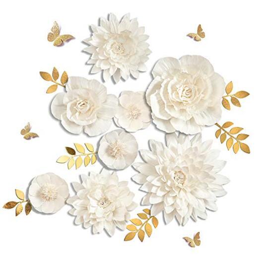 Paper Flowers Handcrafted Dahlia Birthday Party New Year Decor 8 Pcs White