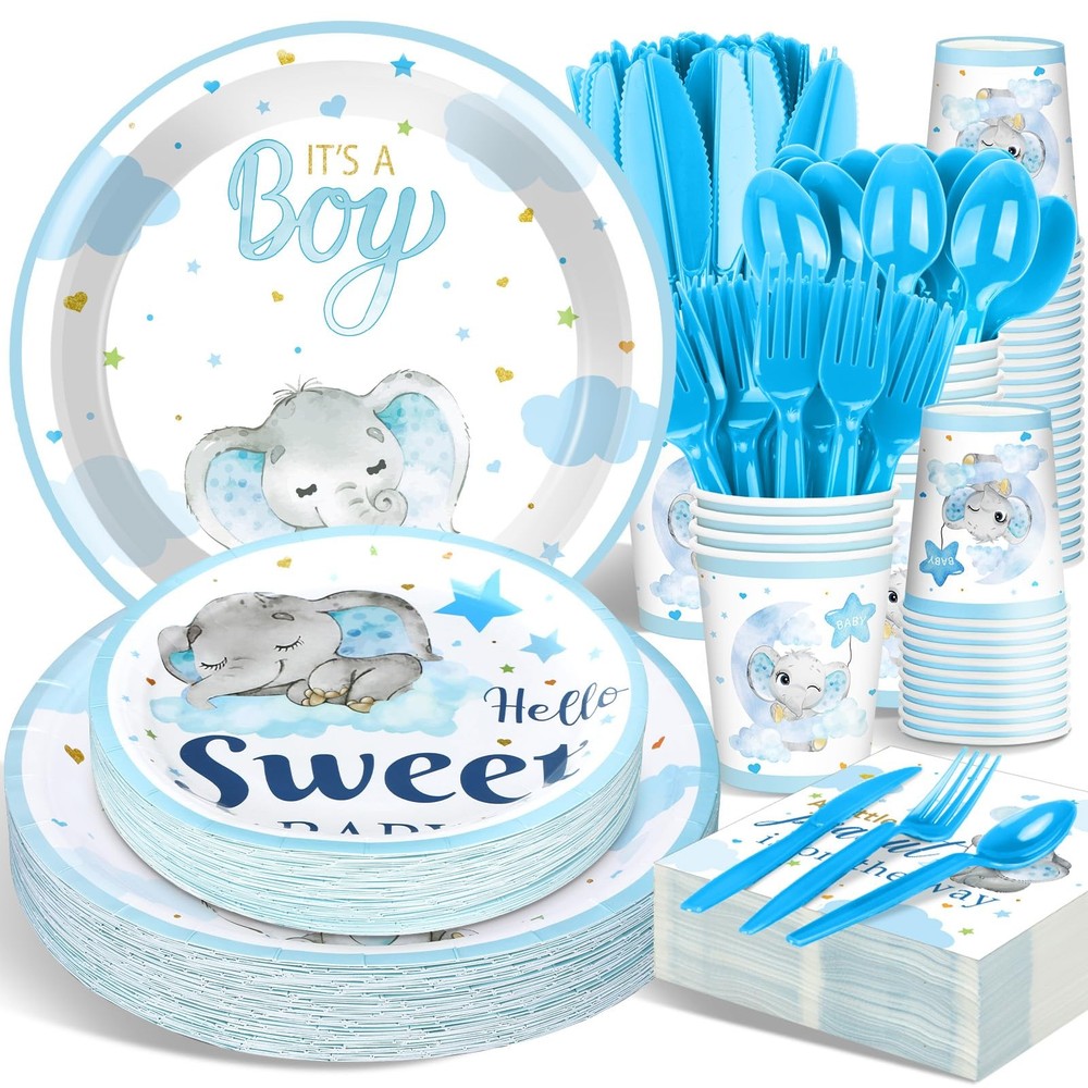 175 Pcs Baby Boy Shower Decorations Plates Set for 25 Guests, Blue Elephant T...