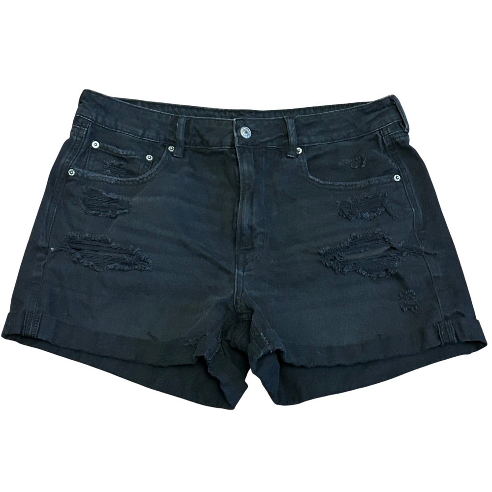 American Eagle Black Distressed Denim Mom Shorts Cuffed Hem Womens Size 12