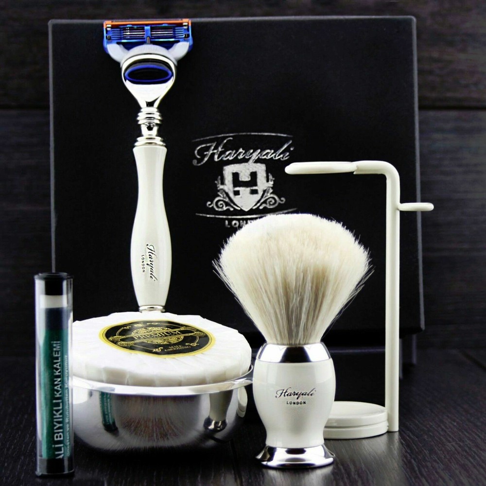 Shaving Set with 5 Edge Razor & Pure White Badger Brush Perfect Gift for Men