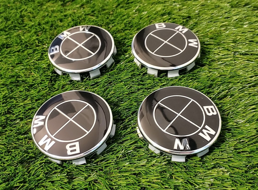 BMW 68mm All Black Wheel Center Caps Set of 4 with Logo Badge