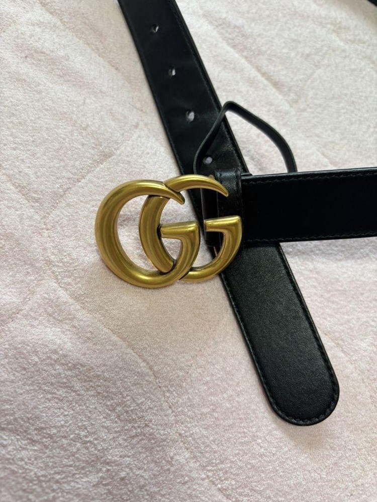 GUCCI GG Logo Black Gold Leather Belt with Buckle Authentic Made in Italy