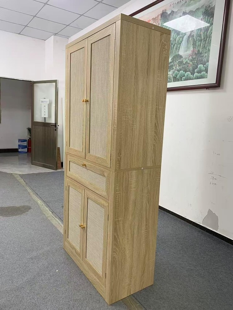 Rattan Kitchen Pantry Cabinet with 6 Doors and Shelves for Storage  