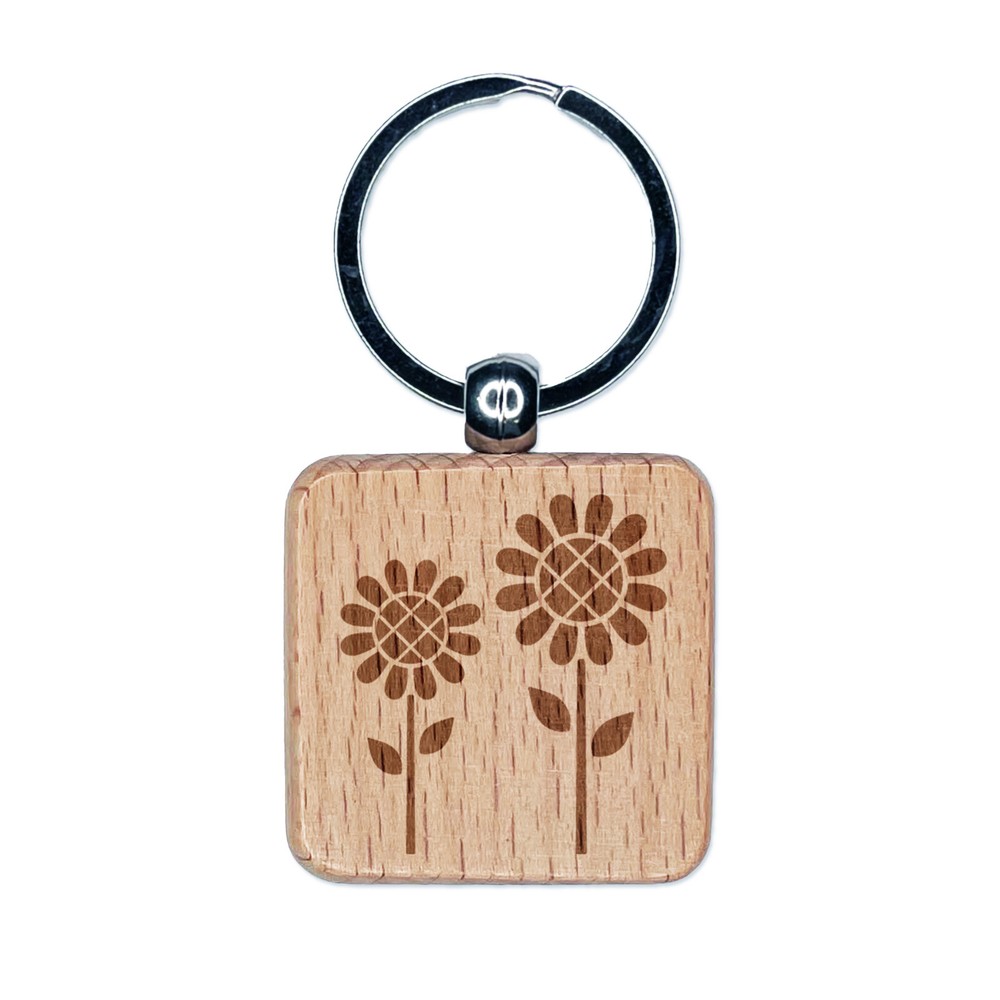 Engraved Wooden Sunflower Pair Keychain Tag Charm