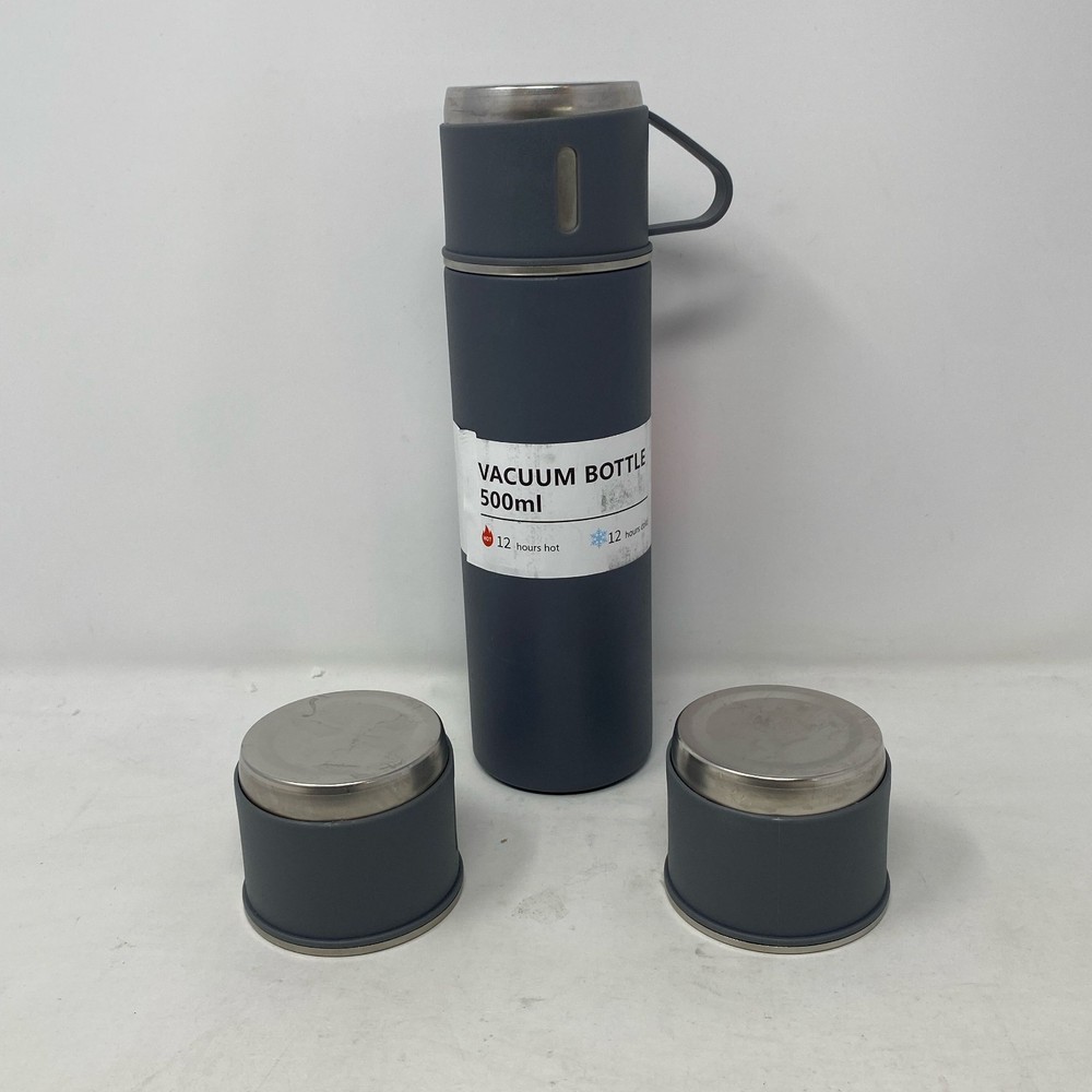 Gray 500ml Vacuum Flask Set w/ 3 Cups Stainless Steel Insulated