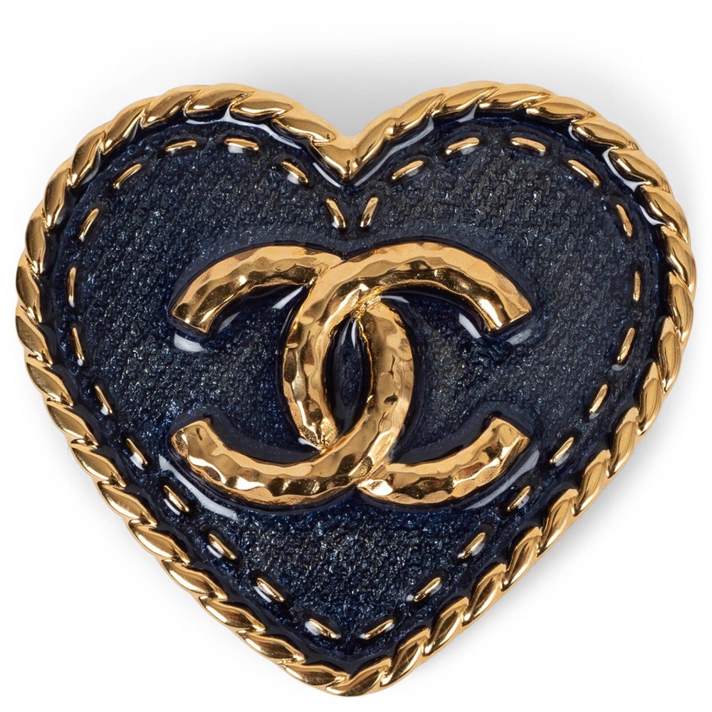 CHANEL 24P Blue Enamel CC Denim Heart Brooch 71698 Authentic