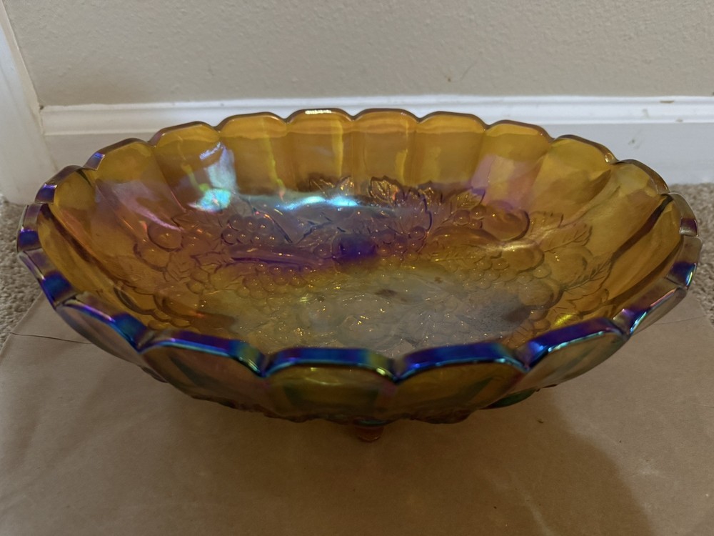 Vintage Indiana Carnival Glass Amber Grape Oval Footed Fruit Bowl